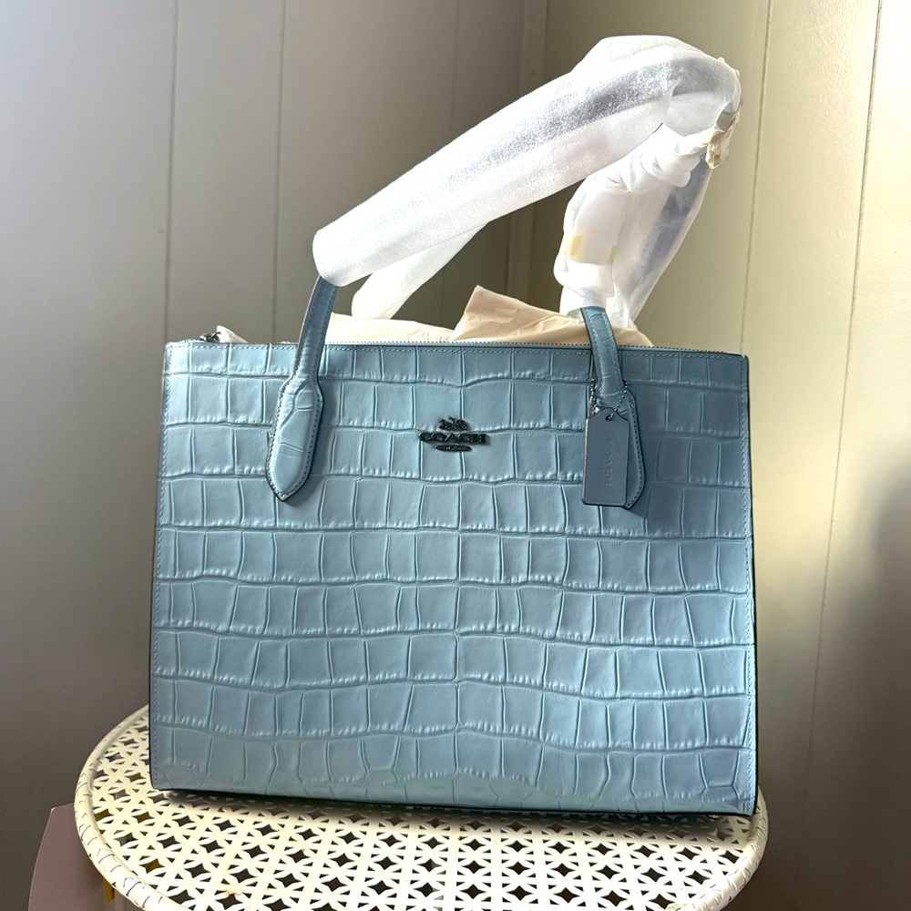 NWT Coach Nina Tote Croc Embossed Cornflower Blue Gunmetal Silver Hardware CL654